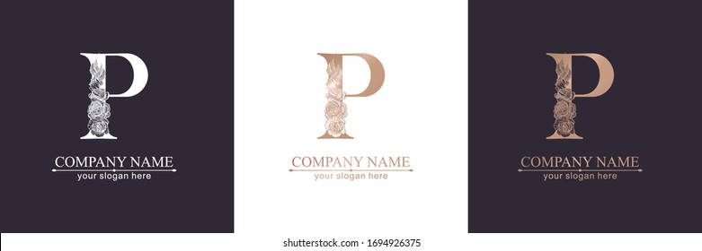 Logotipo o monograma de la letra P. Para su negocio. Signo vectorial. Estilo floral, bellas rosas. Logo personal.