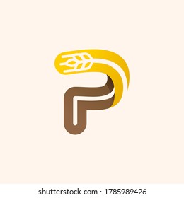 Logo de la letra P con trigo espacial negativo. Fuente vectorial perfecta para la identidad de panadería, insignias o emblemas para productos frescos naturales, etc.