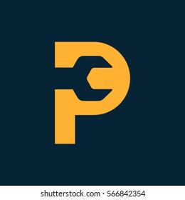Letter P logo with the negative space wrench inside for repair service company.