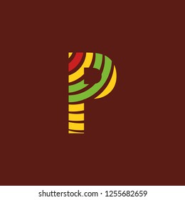 Letter P logo on dark background with bright colors, African culture, safari decoration