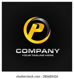 Letter P logo , Orange and gray Metal abstract glossy logo on black background . Place for Company name and tag line . Business logo - vector illustration