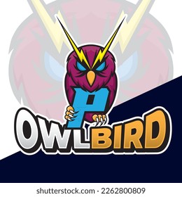 Letter P logo with owl mascot esport logo design, night bird illustration, owl icon, gamer identity