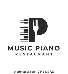 Letter P Logo piano instrument or playing music. with a fork kitchen utensil. two black variations on an isolated white background. applies to restaurant logo applications