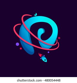 Letter P logo with planet, rocket and orbits lines. Bright vector design for science, biology, physics, chemistry company.