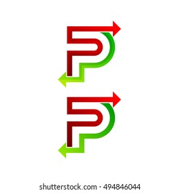 Letter P logo with Red and Green Arrow Forward Next Signs, Express Exchange Symbols, Transportation Export Import icons, Technology Digital Connection Trading concept for Corporate identity Business