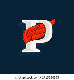 Letter P logo with red wing. Classic serif font with shadow made of lines. Vector icon perfect for sport labels, shipping posters, power identity, etc.