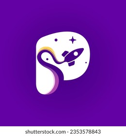 Logo de la letra P con pista de lanzamiento de cohetes, planetas y estrellas. Icono de estilo de espacio negativo. Tipo de vectores para la identidad científica, aplicación para viajes de planeta, afiches de química, compañía de chorros y publicidad biológica.