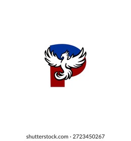 Logotipo de la letra P en forma de ave fénix en ascenso. Símbolo de Vector audaz para renacer, fortaleza, seguro y marca de empresa de inversión