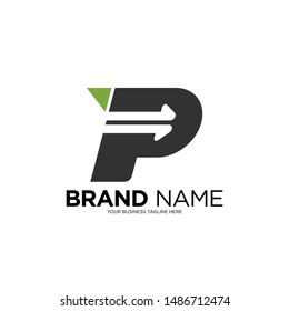 Letter P logo. Simply initial and modern logo. Combination with letter P, up arrow and triangle with martian green colour. Vector illustration. Useful for eco friendly company
