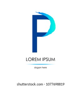 Letter P logo. Smear of a brush. Blue on the white background