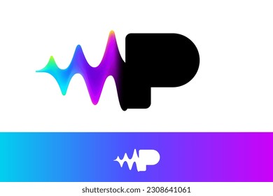 Letter P logo with sound wave flow. Vibrant line glitch effect. Multicolor neon gradient icon. Vector font for audio label, multimedia company advertising, DJ posters, game screens, music identity.