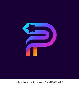 Letter P logo with star inside. Vector parallel lines icon. Perfect font for multicolor labels, space print, nightlife posters etc.