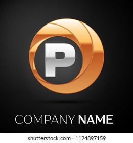 Letter P logo symbol in the golden-silver colorful circle on black background. Vector template for your design