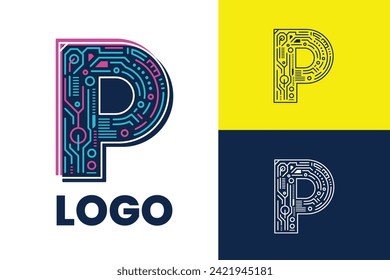 Letter P Logo with Technology and Circuit Style Effects