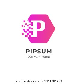 Letter P logo template. Creative logo on hexagonal shape with soft gradient color. Pixel dot design style. Can be use as symbol and icon for your business identity.