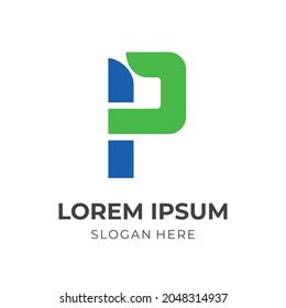 Buchstabe P-Logo-Vorlage mit flachem Blau und grünem Farbstil