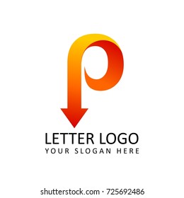 letter P logo template orange round ribbon with arrow head