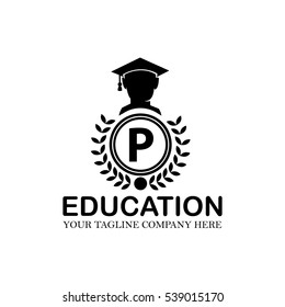 Letter P Logo With Vector Education Gown or Hat Icon Black