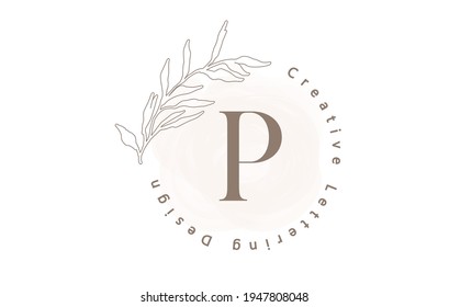Letter P Logo With Watercolor brush and circle lettering design and outline leaves in Pastel Colors. Creative vector illustration with letter P for beauty, fashion, natural products or eco services.