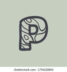 Letter P logo with waves line pattern. Perfect font for water or desert design, landscape print, travel card and ecology concepts, etc.