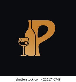 Letter P Logo With Wine Bottle Design Vector Illustration On Black Background. Wine Glass Letter P Logo Design