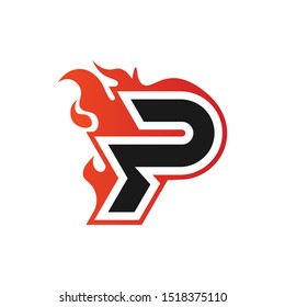 the letter P logo wrapped with fire elements is made in an emblem style