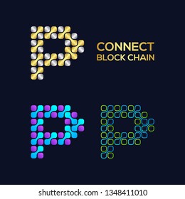 Letter P Logotype with Block Cube Rounded Dots Cross Shape and Line, Technology Digital Connection logo, Molecule DNA Medical Symbols, Blockchain and Fintech Icons, Science Laboratory Signs