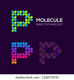 Letter P Logotype with Dots and Curve , Circle Shape and Line Connection, Molecule and Nano Technology logo, Innovation and DNA Icons, Medical Cosmetics Symbols, Science Laboratory Cell Signs