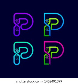 Letter P logotype with Genetic DNA structure and Dot Linked Shape logos, Technology and Digital Connection symbols, Helix Molecule Chromosomes signs, Medical Healthcare and Science Laboratory Icons