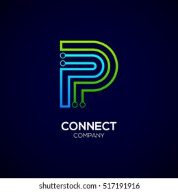 Letter P logotype green and blue color,Technology and digital abstract dot connection vector logo