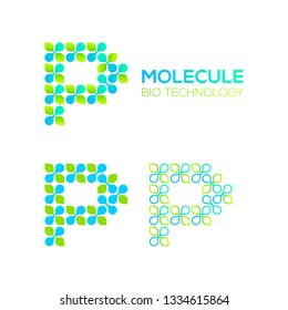 Letter P Logotype with Green Leave and Dots cross, Molecular cell structure concept, Nano Technology and Ecology Biology logo, Eco Plant Icons, Chemistry and DNA Symbols, Science Laboratory Signs