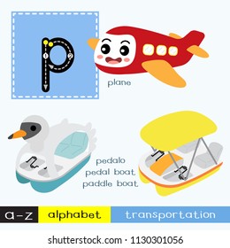 Letter P lowercase children colorful transportations ABC alphabet tracing flashcard for kids learning English vocabulary and handwriting Vector Illustration.