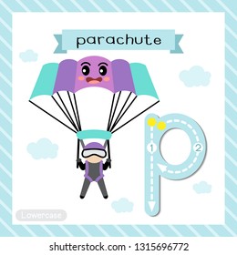 Letter P lowercase cute children colorful transportations ABC alphabet tracing flashcard of Parachute for kids learning English vocabulary and handwriting Vector Illustration.