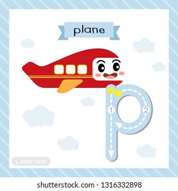 Letter P lowercase cute children colorful transportations ABC alphabet tracing flashcard of Plane for kids learning English vocabulary and handwriting Vector Illustration.