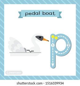 Letter P lowercase cute children colorful transportations ABC alphabet tracing flashcard of Pedal Boat for kids learning English vocabulary and handwriting Vector Illustration.