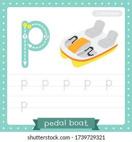 Letter P lowercase cute children colorful transportations ABC alphabet tracing practice worksheet of Pedal Boat for kids learning English vocabulary and handwriting Vector Illustration.