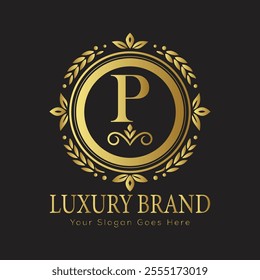 Letter P Luxury brand logo design with a royal gold crown emblem and elegant typography
