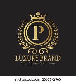 Letter P luxury gold logo concept brand logo design with a royal gold crown emblem and elegant typography
