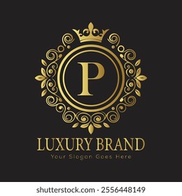 Letter P luxury gold logo concept brand logo design with a royal gold crown emblem and elegant typography
