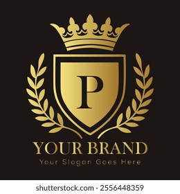 Letter P luxury gold logo concept brand logo design with a royal gold crown emblem and elegant typography
