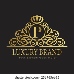 Letter P luxury gold logo concept brand logo design with a royal gold crown emblem and elegant typography
