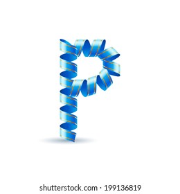 Letter P made of blue curled shiny ribbon