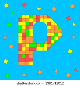 Letter P made of colored squares and triangles. Mosaic font.