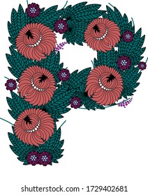 The letter "P" made of flowers on a white background. The letter of the English alphabet. Bright floral print. Great for T-shirts, cards and more. 