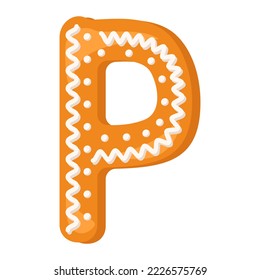 Letter P made from glazed gingerbread. Festive font, symbol of Happy New Year and Christmas, sign and letters of different shapes. Vector flat illustration