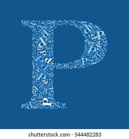 Letter P made of letters P. Letter P in five different colors with blue background.