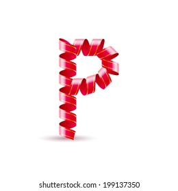 Letter P made of red curled shiny ribbon