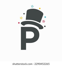 Diseño del logotipo de la carta P Magic Hat. Plantilla vectorial de símbolo magiciano