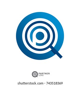 letter p with magnifying logo for business corporate or internet app. vector illustration