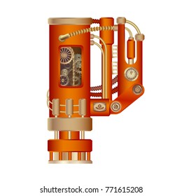 The letter P of mechanic alphabet. Steampunk font style. Mechanical design. Made in the form of a mechanism with moving and stationary parts with tubes, gears and pistons in red casing.